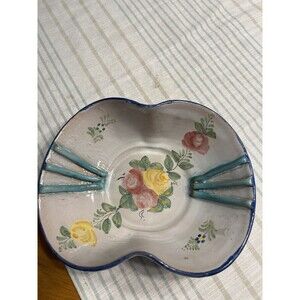 Vintage Italy Vanro Pottery Bowl Signed Flowers Blue Yellow